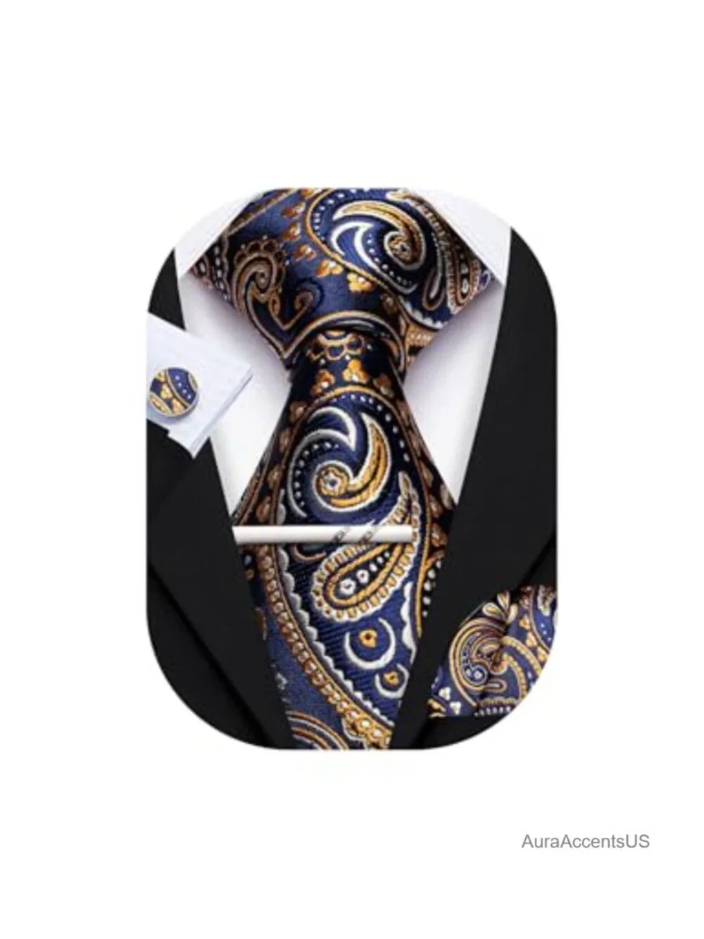 Mens Paisley Tie Set with Pocket Square Cufflinks Clip 1800 Stitches Silk Blend
